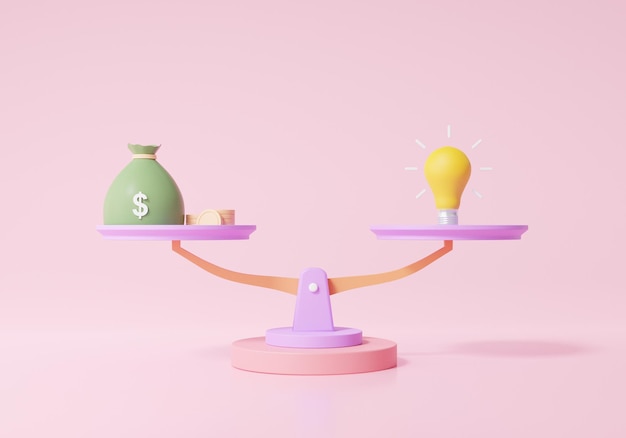 Foto escalas concepto dinero vs bombilla innovación idea equilibrio finanzas negocios inversión educación con bolsa dinero dibujos animados estilo mínimo sobre fondo rosa 3d render ilustración