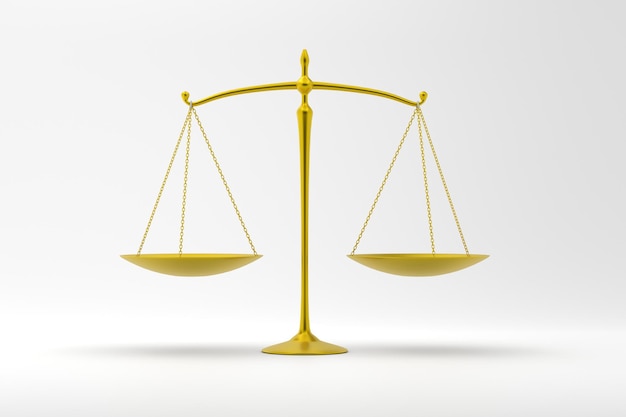 Escalas de justiça em cor dourada em um fundo branco Símbolo 3d do tribunal renderização