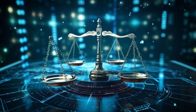 Escalas de derecho en el fondo del centro de datos Concepto de derecho digital de la dualidad de la jurisprudencia judicial y la justicia y los datos en el mundo moderno