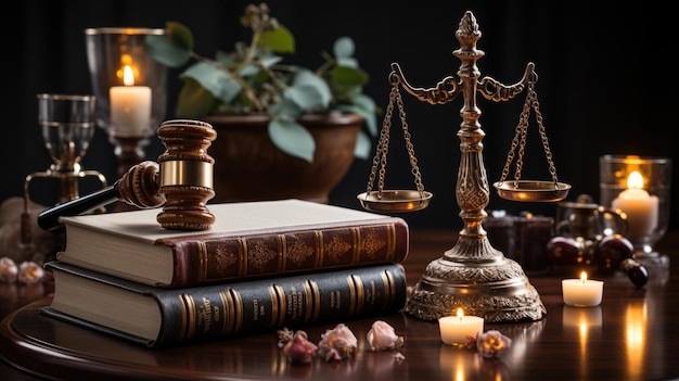 Foto las escalas hermosamente decoradas están sobre una mesa de madera, un símbolo de respeto por la ley y el orden.
