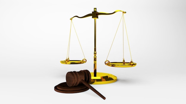 Escalas de justicia Escalas de ley y ley de martillo Martillo de juez de madera y base renderizado en 3D