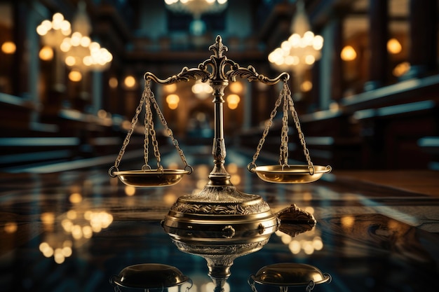 Escalas de justicia en el fondo de la sala del Tribunal Penal con derecho legal IA generativa