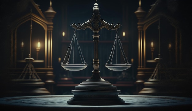 Escalas de justicia en la oscuridad Court Hall Law concept Generative AI