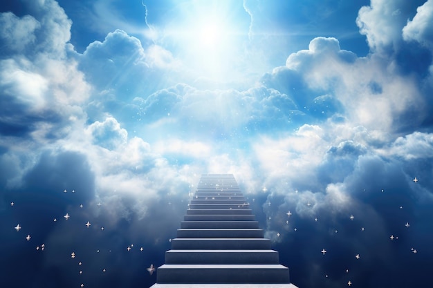 Escalera al cielo a través de nubes blancas en el fondo del cielo azul