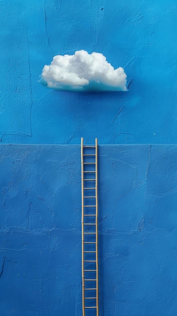 Una escalera alcanzando una nube contra una pared azul