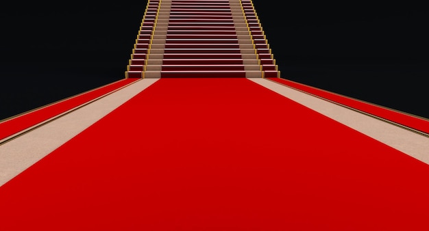 Escalera con alfombra roja, alfombra roja en las escaleras sobre un fondo oscuro. renderizado 3D