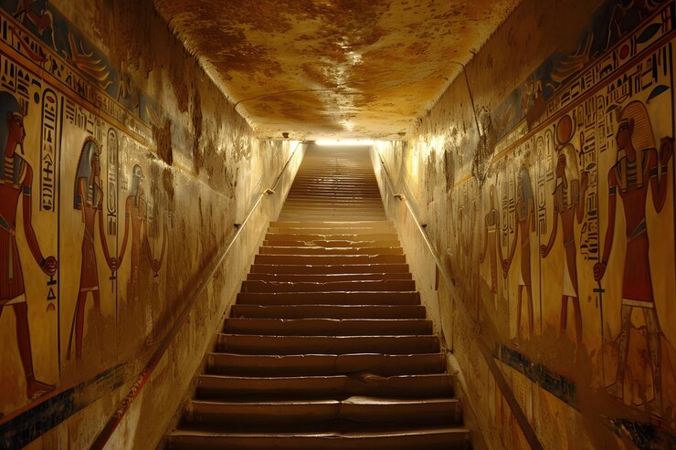 La escalera de la antigua tumba egipcia con coloridos jeroglíficos