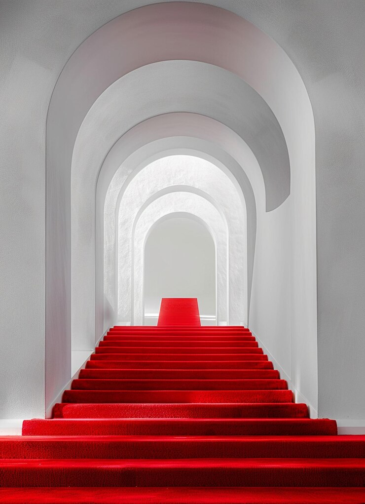 escalera arafada con alfombra roja que conduce a una pared blanca generativa ai