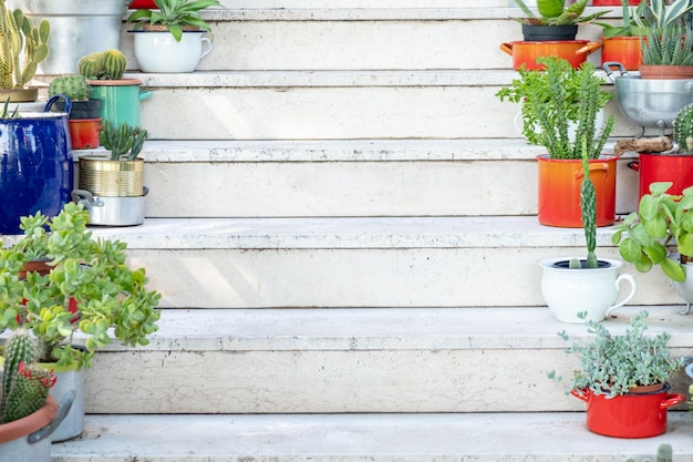 Una escalera blanca en casa con hermosas flores en macetas en el verano.