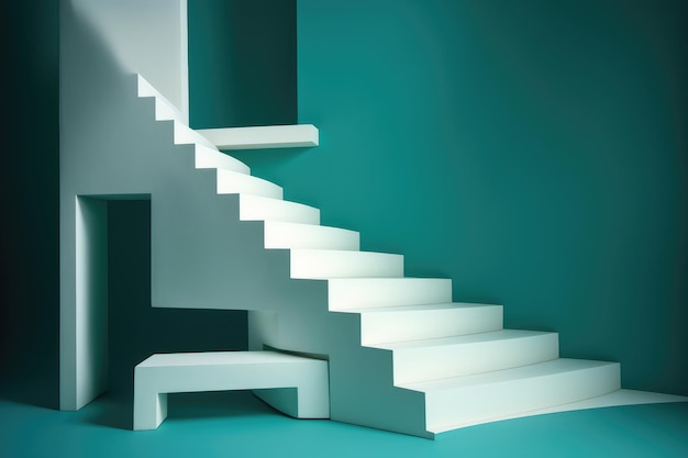 Una escalera blanca con un fondo azul y la palabra "en ella"