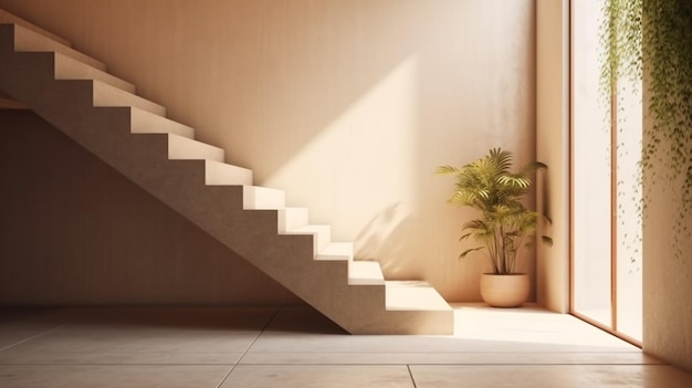 Una escalera blanca con una planta en la esquina.