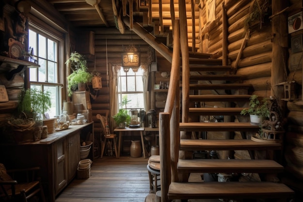 Escalera de cabaña de madera rústica con un ambiente acogedor creado con ai generativo