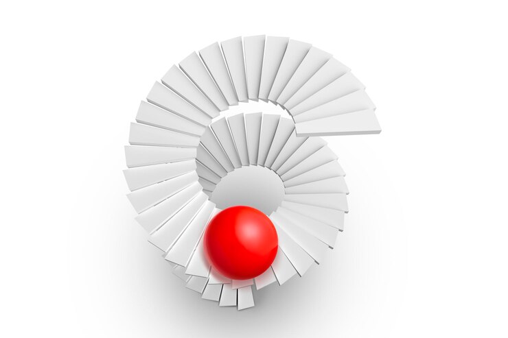 Foto escalera de caracol y esfera roja sobre fondo blanco.