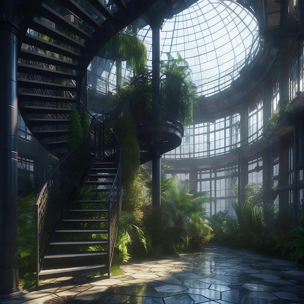 Escalera de caracol hermoso diseño moderno invernadero edificio de varios pisos IA generativa