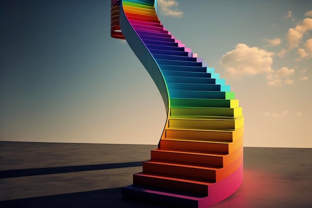 Escalera coloreada del arco iris que lleva al cielo