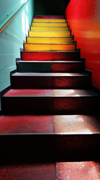 Escalera colorida con escalones rojos y amarillos