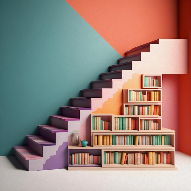 Foto una escalera colorida con libros en los estantes y un estante con libros.