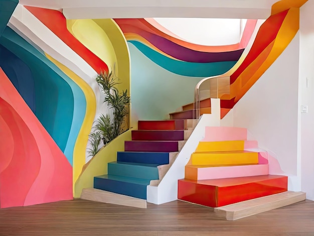 una escalera colorida con una pared de color arco iris detrás de ella