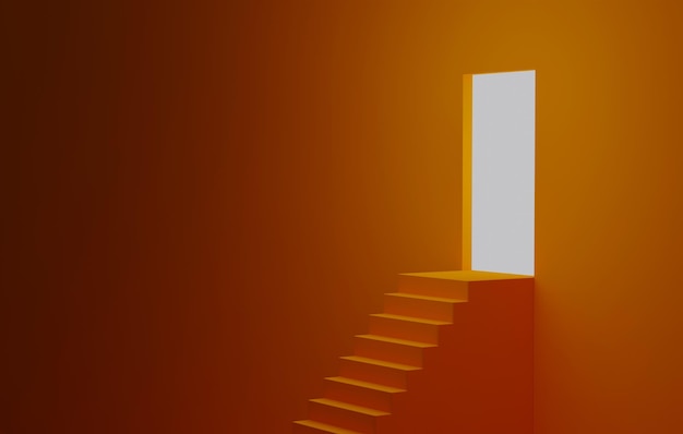 La escalera conduce a una puerta grande con luz que ilumina la habitación naranja