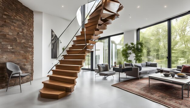 Foto una escalera conduce a una sala de estar con una escalera de madera que conduce a una gran sala de estar