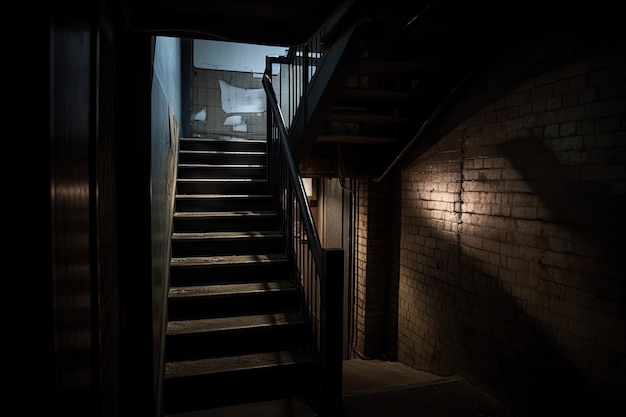 Escalera espeluznante y oscura con solo un rayo de luz visible desde la salida