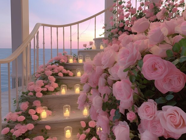 Una escalera con flores y velas.