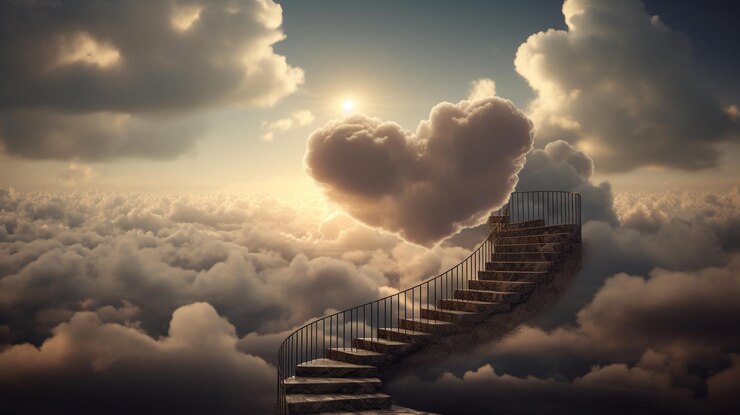Escalera con forma de corazón en las nubes ai generativo