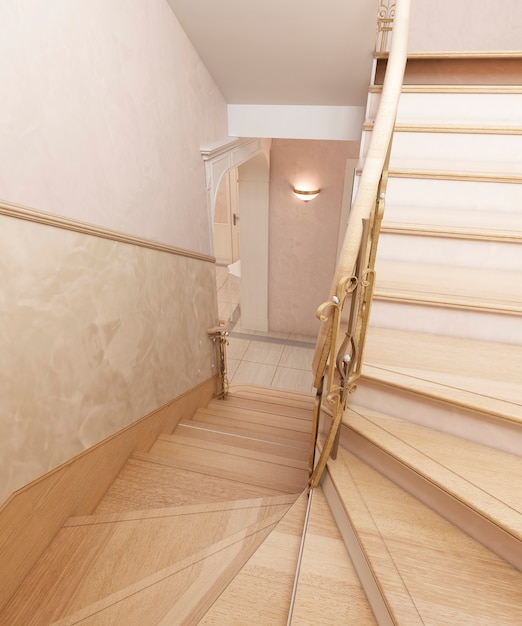 Escalera en el interior de una casa particular de diseño clásico. Peldaños de madera con barandillas forjadas doradas.