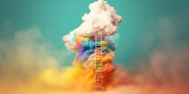 Una escalera llega hasta una nube vibrante llena de una multitud de colores creando una vista cautivadora y surrealista IA generativa