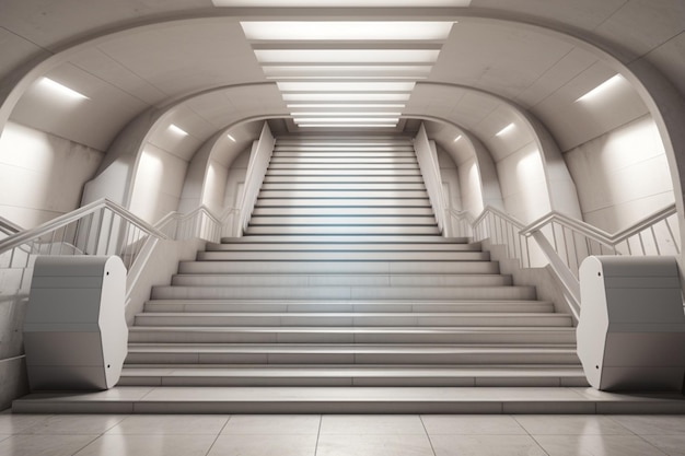 Una escalera luminosa con escalones blancos inmaculados que ascienden hacia una fuente de luz radiante