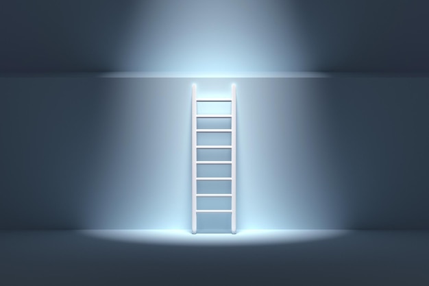 Escalera con luz de pie junto al concepto de subida de la pared azul