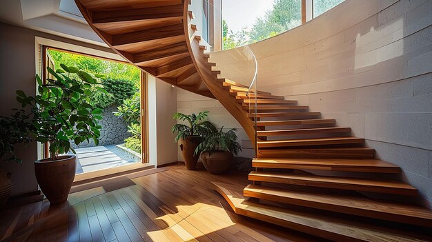 una escalera de madera con una escalinata de madera que conduce a una casa