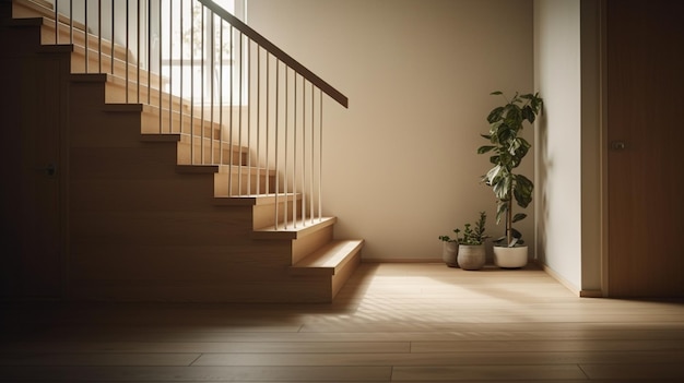 Una escalera de madera con una planta en la parte inferior y una planta en la parte inferior.