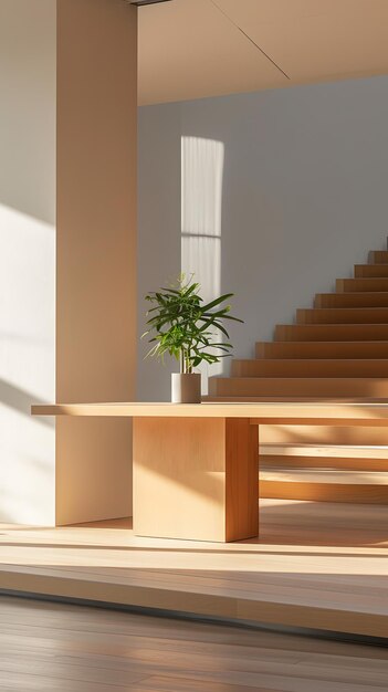 una escalera de madera con una planta en la parte superior