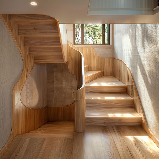 una escalera de madera tiene una escalinata de madera que conduce a una ventana