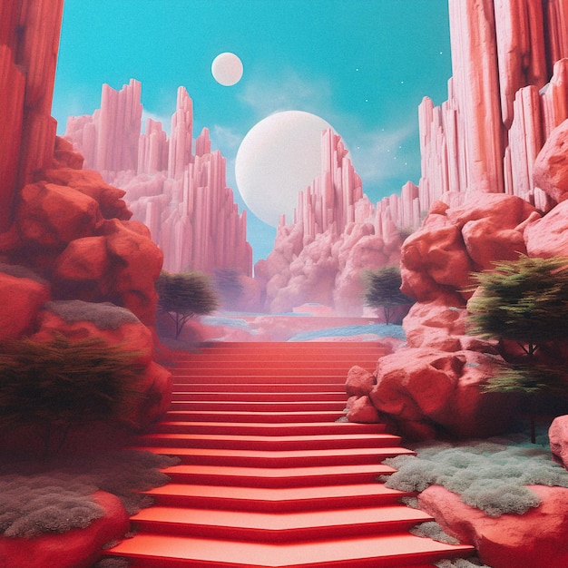 Escalera mágica que explora un paisaje 3D estilizado de Bryce con elementos astrales