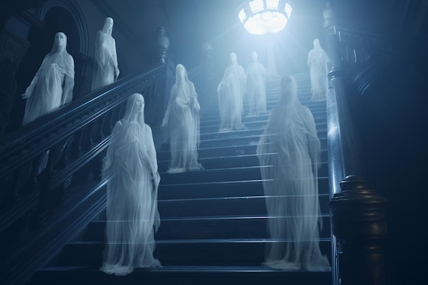 Foto escalera de la mansión fantasmal figuras fantasmales descendieron 00348 03