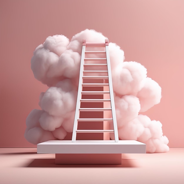 Foto escalera en la nube ilustración 3 d nube blanca y escaleras sobre fondo rosa concepto mínimo 3 d ren