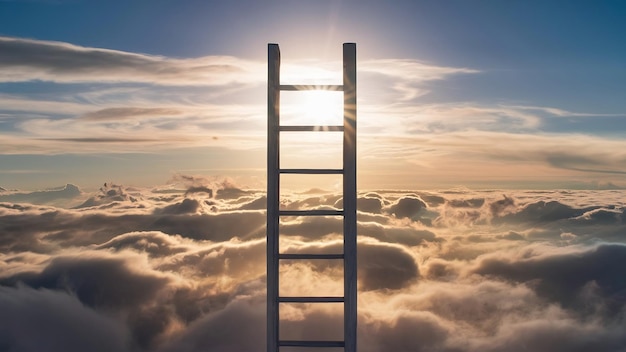 Una escalera en las nubes con el sol brillando sobre ella