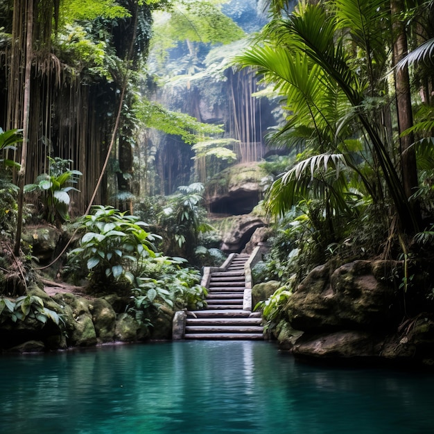 Foto escalera hacia el oasis de la selva