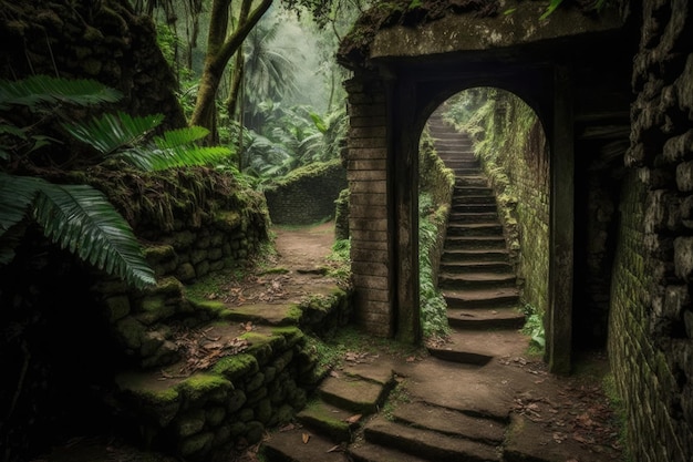 Escalera oculta que lleva a las ruinas de Ciudad Perdida en la selva colombiana