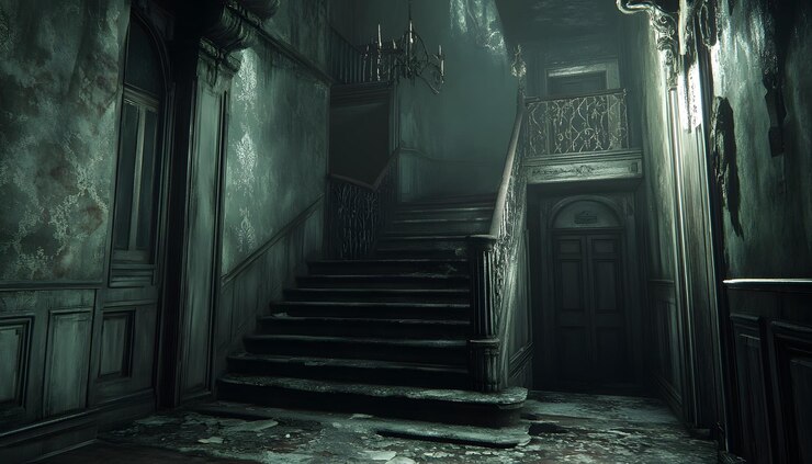 Una escalera oscura y en descomposición en una antigua mansión