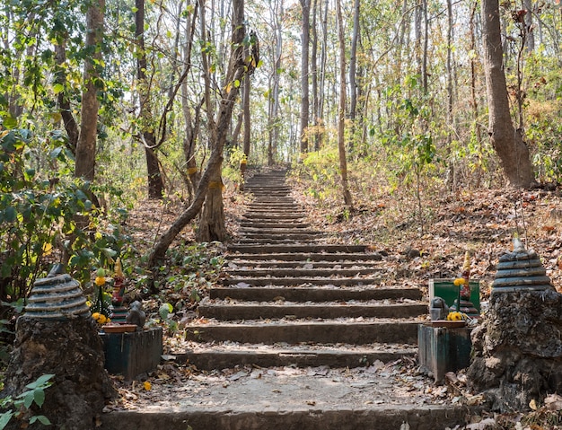 Escalera de piedra al templo en la alta montaña