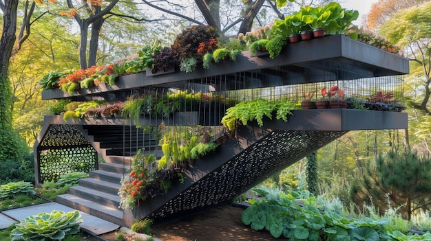 una escalera con plantas en ella y una persona caminando en el fondo