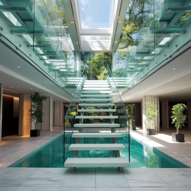 Escalera de puente de cristal en un atrio moderno