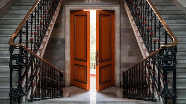 Escalera y puerta naranja