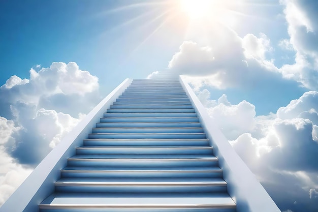 Una escalera que conduce al cielo con nubes y cielo azul.