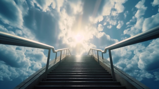 Escalera que conduce al cielo con rayos de sol y nubes Ai generativo