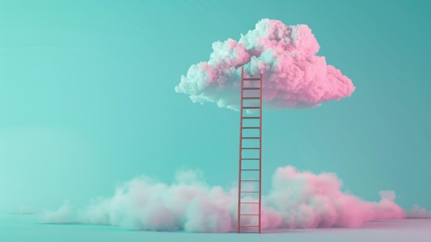 Escalera que conduce a las nubes Escalera a la nube en un fondo pastel Idea creativa mínima