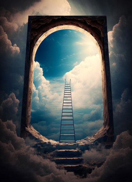 Foto escalera que conduce a una puerta abierta en el cielo ia generativa